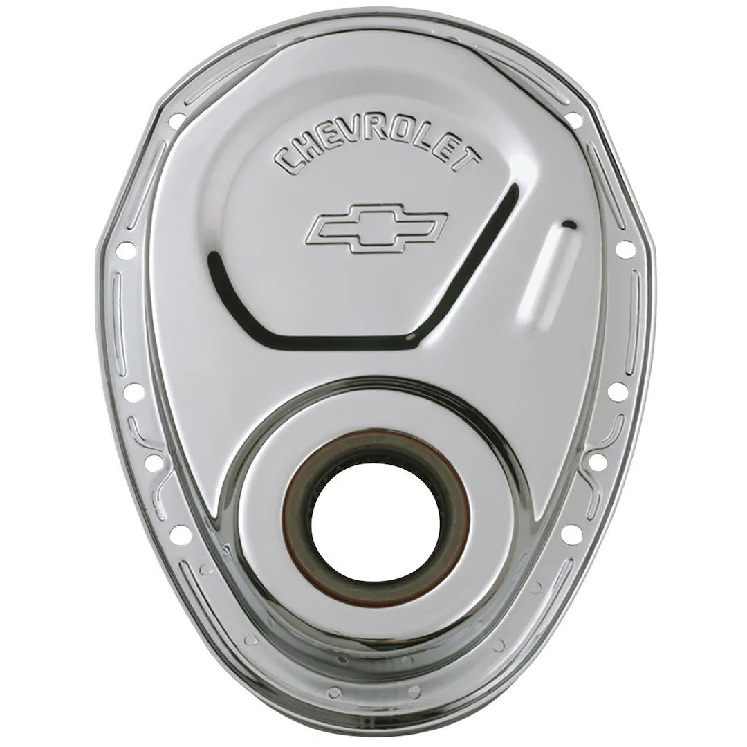 141-215 – PROFORM Timing Cover, 1 Piece Cover Chrome Steel With Oil Seal With Chevrolet Logo And Emblem